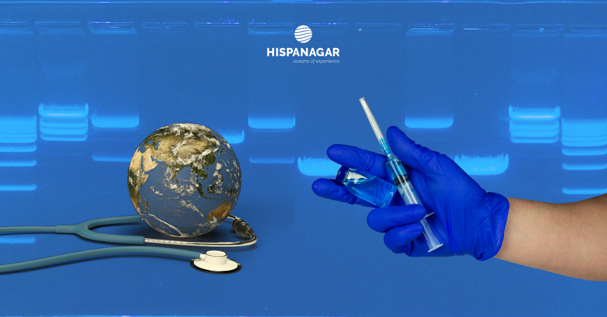 Collage Vacunas y Fonendoscopio con fondo de electroforesis